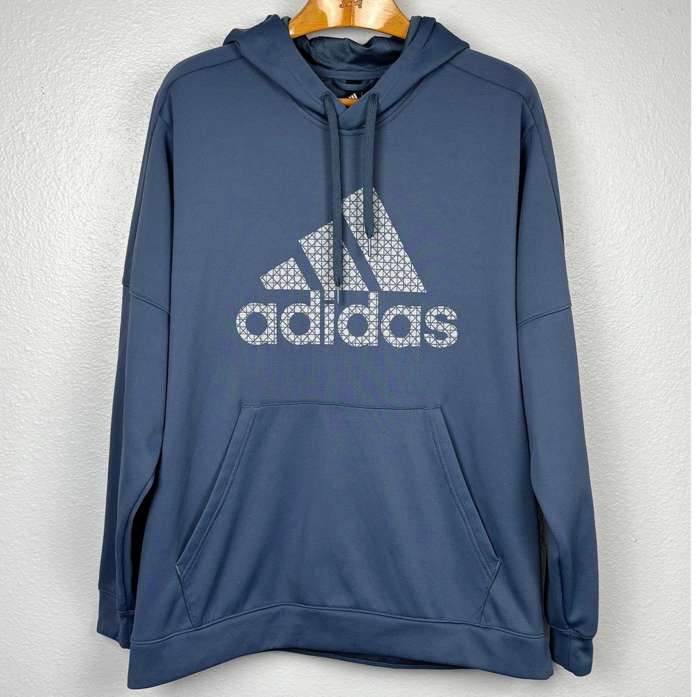 Adidas ClimaWarm Hoodie Mens M Blue Graphic Logo Pullover‎ Sweatshirt Oversized